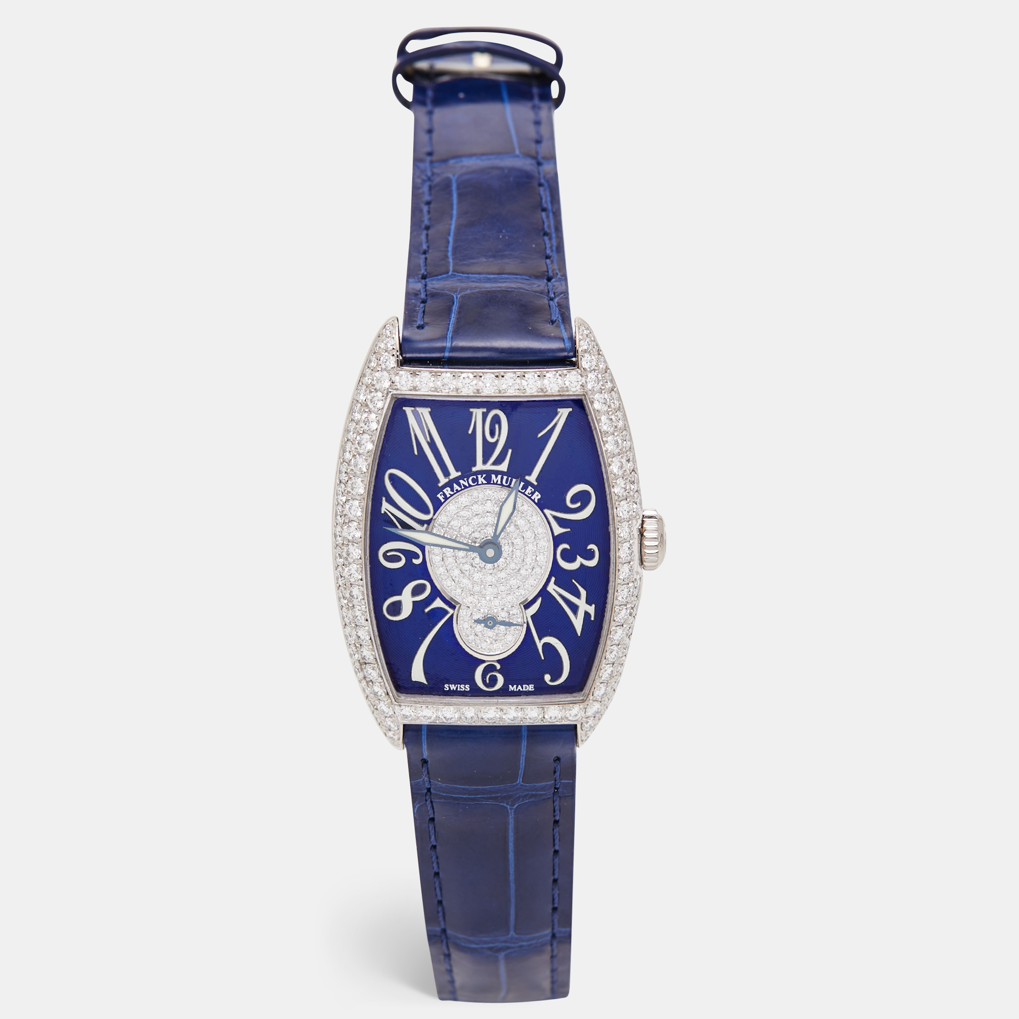 Franck Muller Blue Diamond Pave 18K White Gold Alligator Leather Cintree Curvex 7500 S6 D CD Women's Wristwatch 29 mm