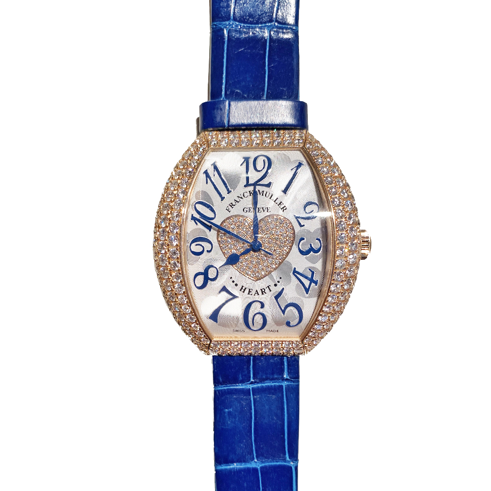 Franck Muller Silver 18K Rose Gold Leather Diamond Pave Heart 5000 H SC D3 1P Women's Wristwatch 39mm