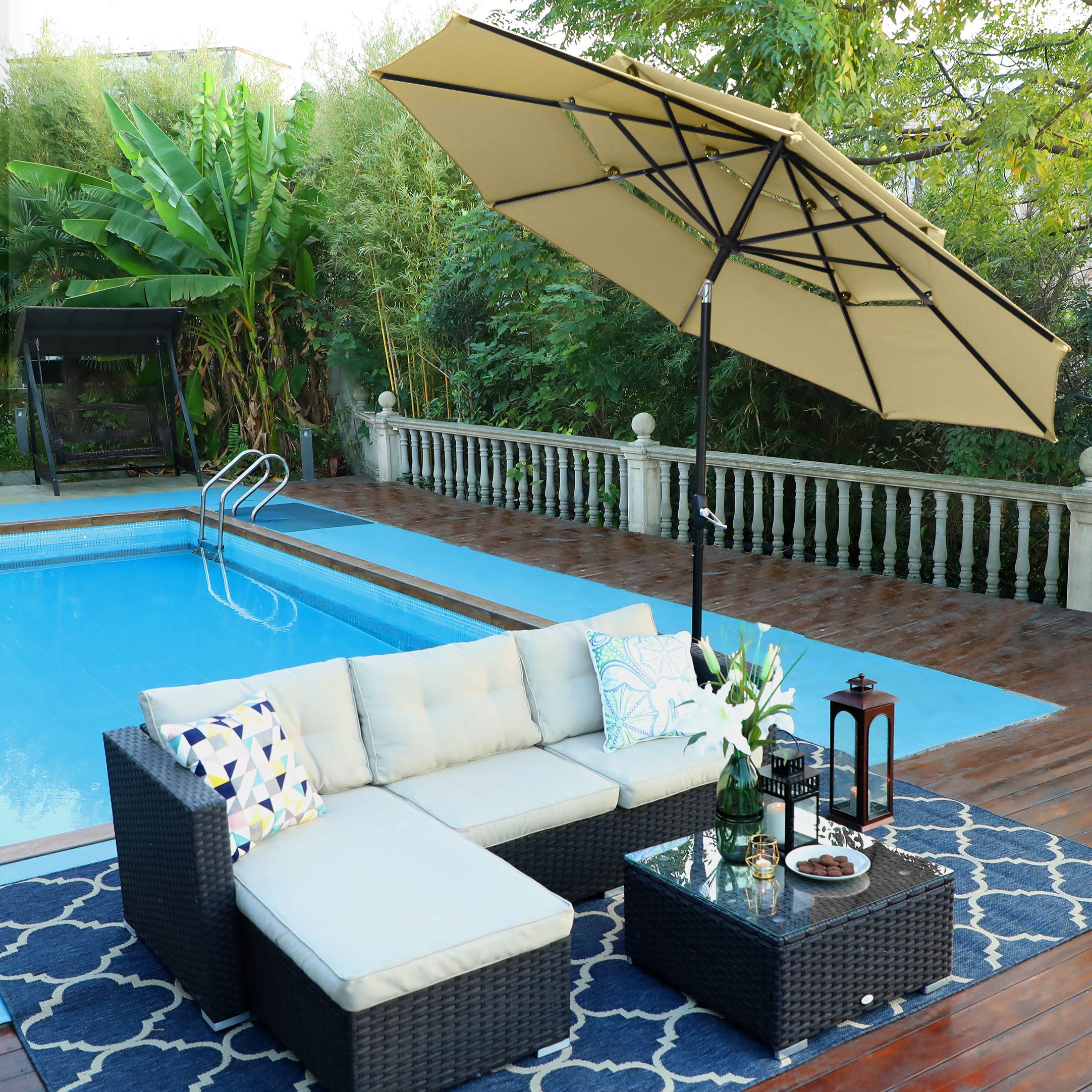 PHI VILLA 10ft 3 Tier Auto-tilt Outdoor Double Vented Patio Umbrella Beige